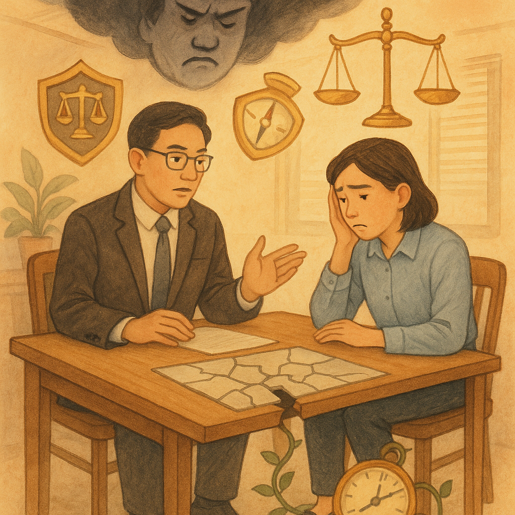 暖光辦公室裡,台灣律師與受虐上班族對坐諮詢;天花板化作陰影上司雲,金色天秤、盾牌與羅盤漂浮,藤蔓時鐘纏腳象徵延誤代價,桌面碎裂拼圖映爭議點,柔和色彩手繪質感、無文字。