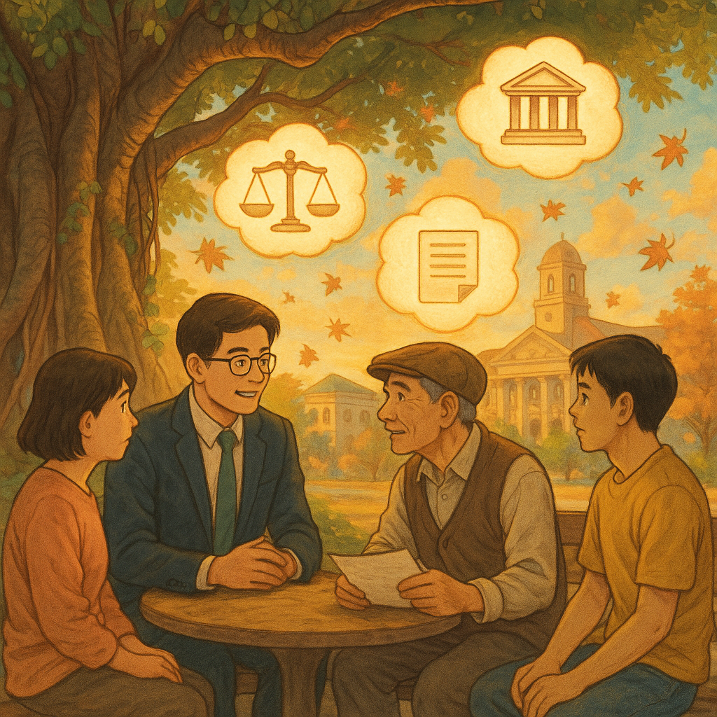 吉卜力風暖光場景:台灣律師與民眾在榕樹下諮詢,手繪質感。雲形小燈漂浮,映出天平、法院、文件與盾牌等圖像,象徵國賠常見疑問;遠處柔和的市政建築與飛舞楓葉增添魔幻寫實氛圍,沉浸且細節豐富。