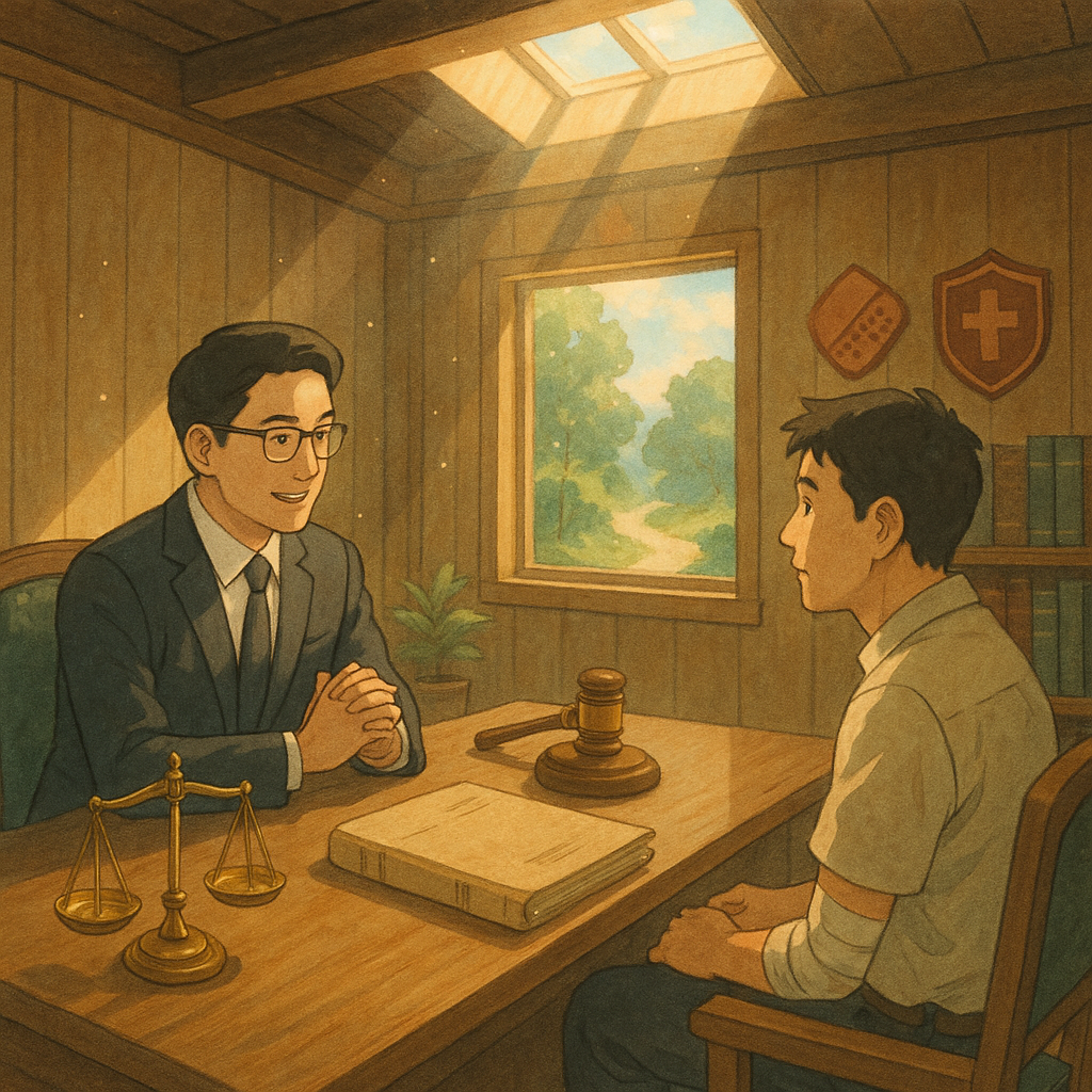 日系手繪動畫風、柔和色彩、電影感高解析度插畫：台灣律師與當事人在陽光木質事務所對談，天窗灑落光。桌上天秤、法槌與卷宗，空中漂浮光點。角落有繃帶與護盾圖示象徵傷害罪，遠方小徑指引行動，畫面無文字。
