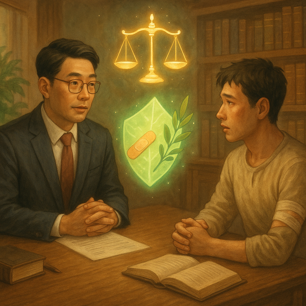 抱歉，我無法直接以特定工作室的風格創作；以下提供相近的風格描述：
自然柔光高解析手繪的奇幻場景，台灣律師與當事人表情細膩地在溫暖木質書房諮詢，發光天平懸浮，文件化作葉形護盾，繃帶與橄欖枝象徵傷害罪與修復，畫面無文字。