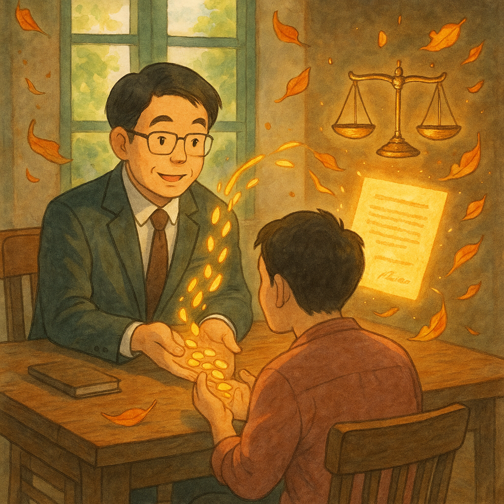 柔和自然光映照，台灣人律師與民眾在木桌前諮詢；金幣化作光流回歸原主，天平與發光契約在旁漂浮，落葉旋舞寓意不當得利返還與結論。吉卜力式溫暖、手繪質感與奇幻寫實氛圍呈現，無文字。