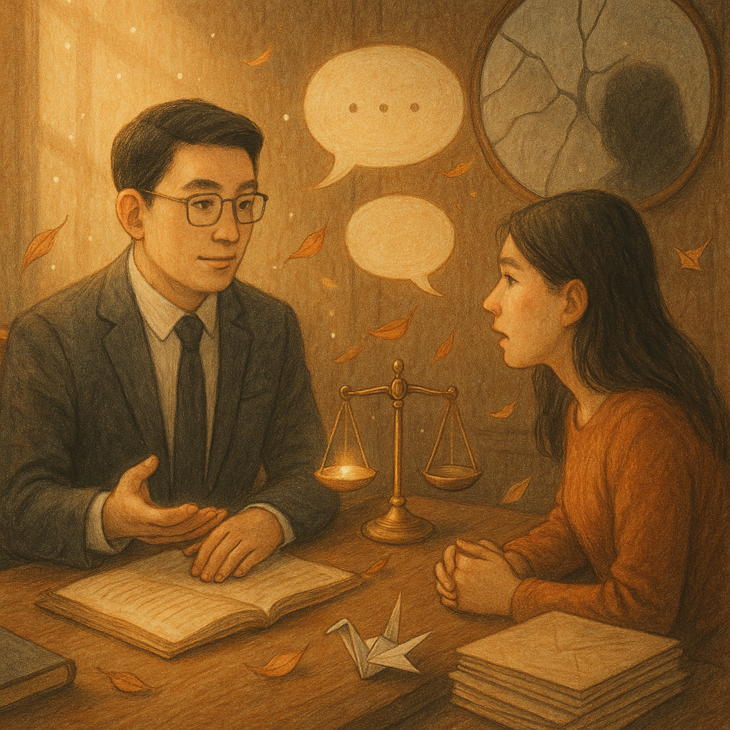 溫暖手繪質感的高解析度奇幻場景:台灣人律師與當事人在木質事務所相談,陽光微塵漂浮;天平微光懸於桌上,呢喃化作無字對話泡泡與落葉環繞,牆上裂鏡映出名譽受損陰影,紙鶴與卷宗交織象徵風險與爭點,畫面無文字。