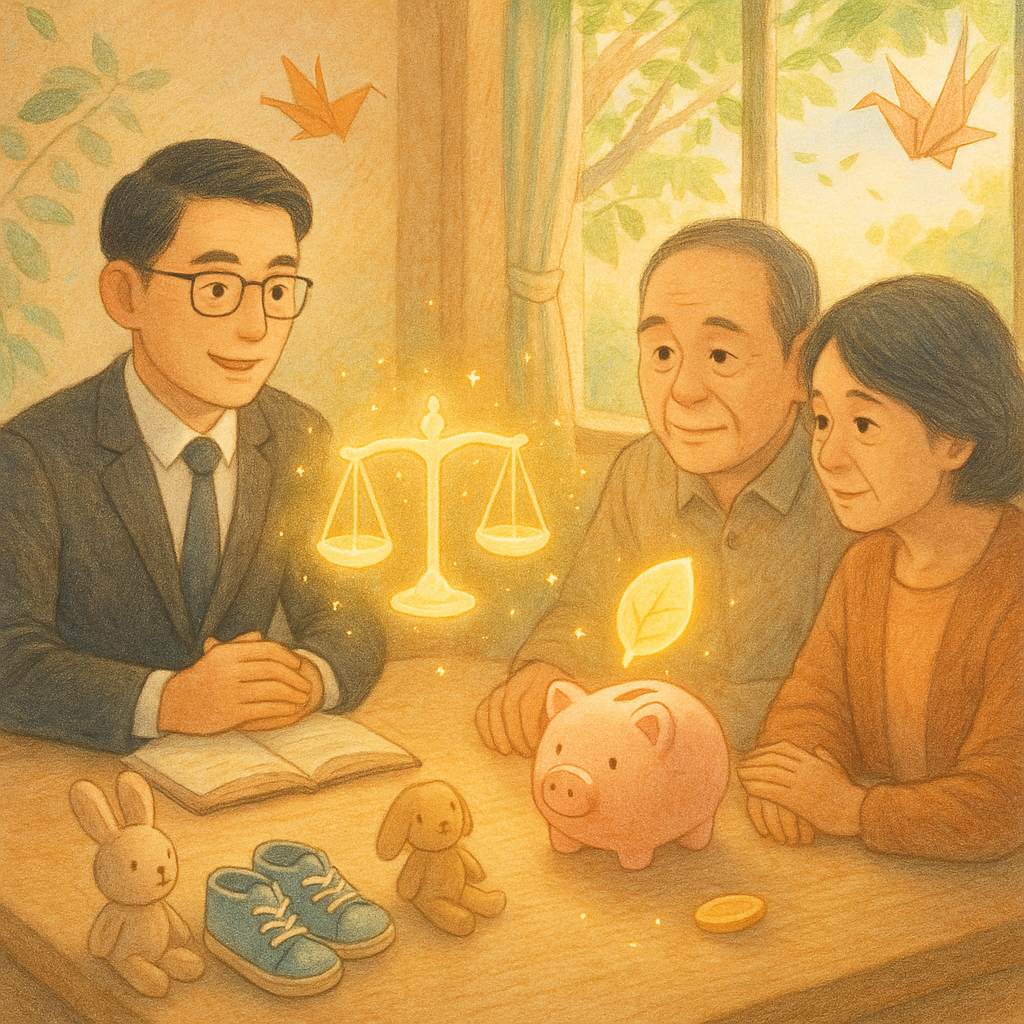 溫潤晨光下，台灣律師與父母在桌前諮詢。桌邊擺著小鞋與玩偶，象徵孩子未來。桌面上漂浮發光天平、存錢罐與葉片形硬幣，化作守護的光。窗外樹影與紙鶴點綴童趣，柔和色彩與自然光，手繪紋理，寫實與奇幻交織，無字。