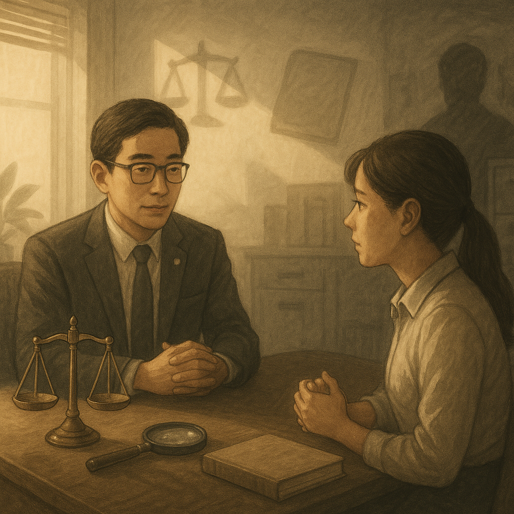 柔光辦公室裡，台灣律師與受害上班族溫和對談；桌上天秤、放大鏡與無字卷宗漂浮成光影符號，角落化作陰影低語的辦公室人影，寓示職場精神虐待的風險與案例，手繪質感、電影感景深、無文字。