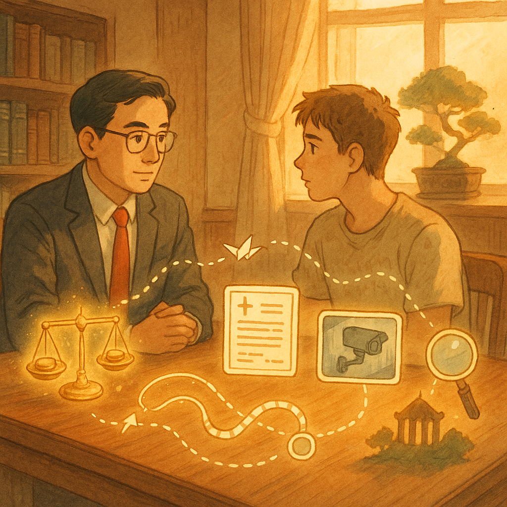 溫暖木質事務所裡,台灣律師與受傷年輕人手臂纏繃帶對坐,柔光灑落。桌上漂浮魔幻圖像:金幣天秤、醫療報告、監視器畫面、時間帶與放大鏡,小紙鶴引導證據路徑,角落盆景化作法院剪影,手繪質感、吉卜力風。