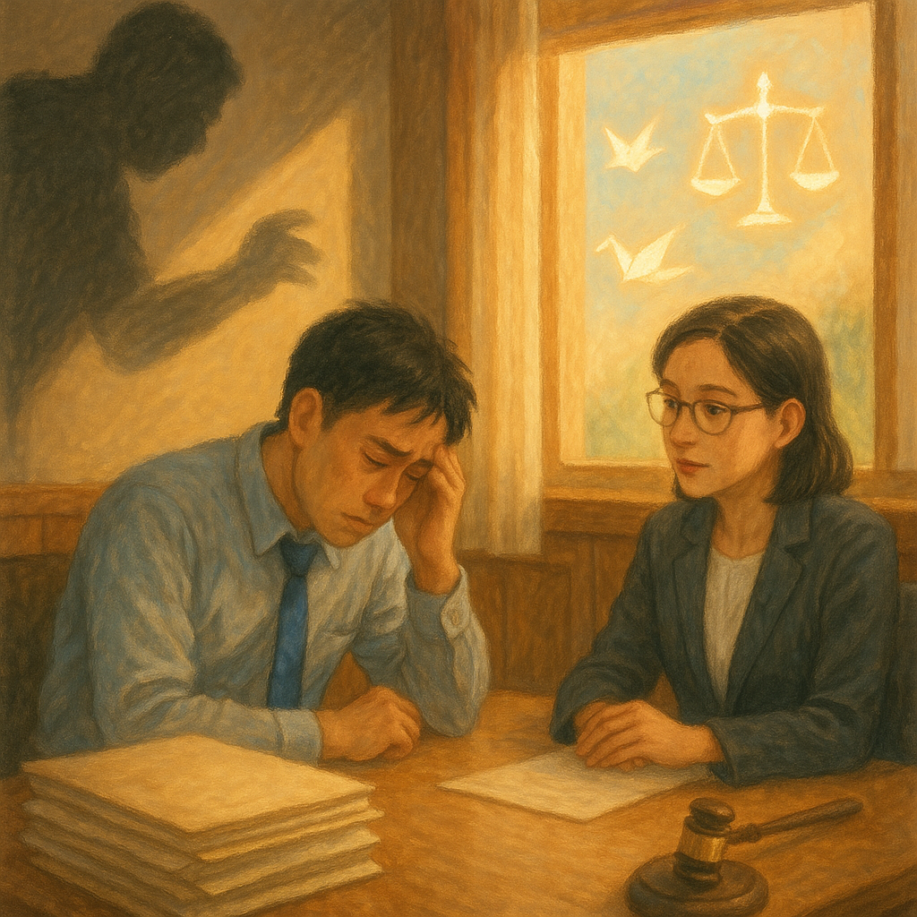 溫柔手繪光影下，台灣上班族神情細膩，在律師陪伴諮詢，桌上堆疊無字卷宗；角落若隱若現的巨大陰影象徵職場霸凌，窗外紙鶴化作天平與法槌光點，暖色木質辦公室，畫面無文字。