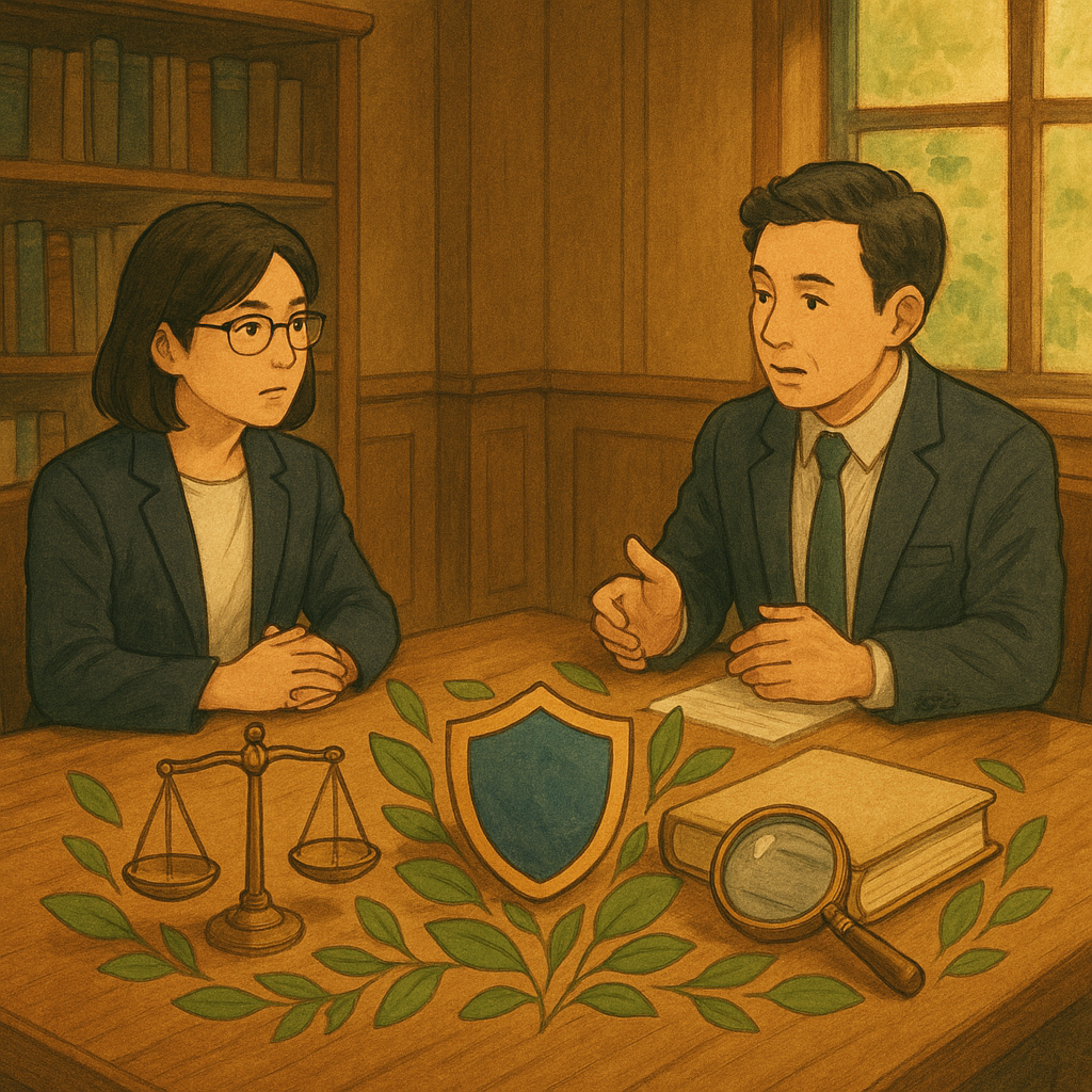 溫暖、手繪感的吉卜力風格場景：木質會議室中，兩位台灣專業人士（律師與人資）正沉穩磋商性騷擾個案與風險控管。柔光灑落，桌上浮現天秤、盾牌、放大鏡與兩冊無字卷宗，化作葉片環繞，象徵蒐證、保護與流程。