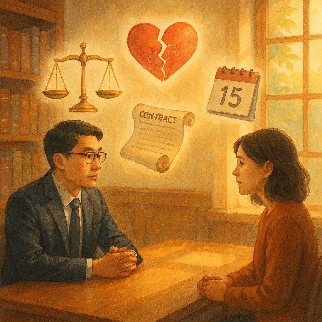 抱歉，我無法直接以特定工作室的風格創作；以下為替代的圖像描述：
台灣人律師與委託人於木質事務所對坐，暖陽灑落。桌上天秤、破碎心形玻璃、合同卷軸與日曆微縮景物漂浮，象徵外遇求償與案例爭點；以高解析、柔和色彩、自然光與手繪質感呈現，氛圍溫暖魔幻，無文字。