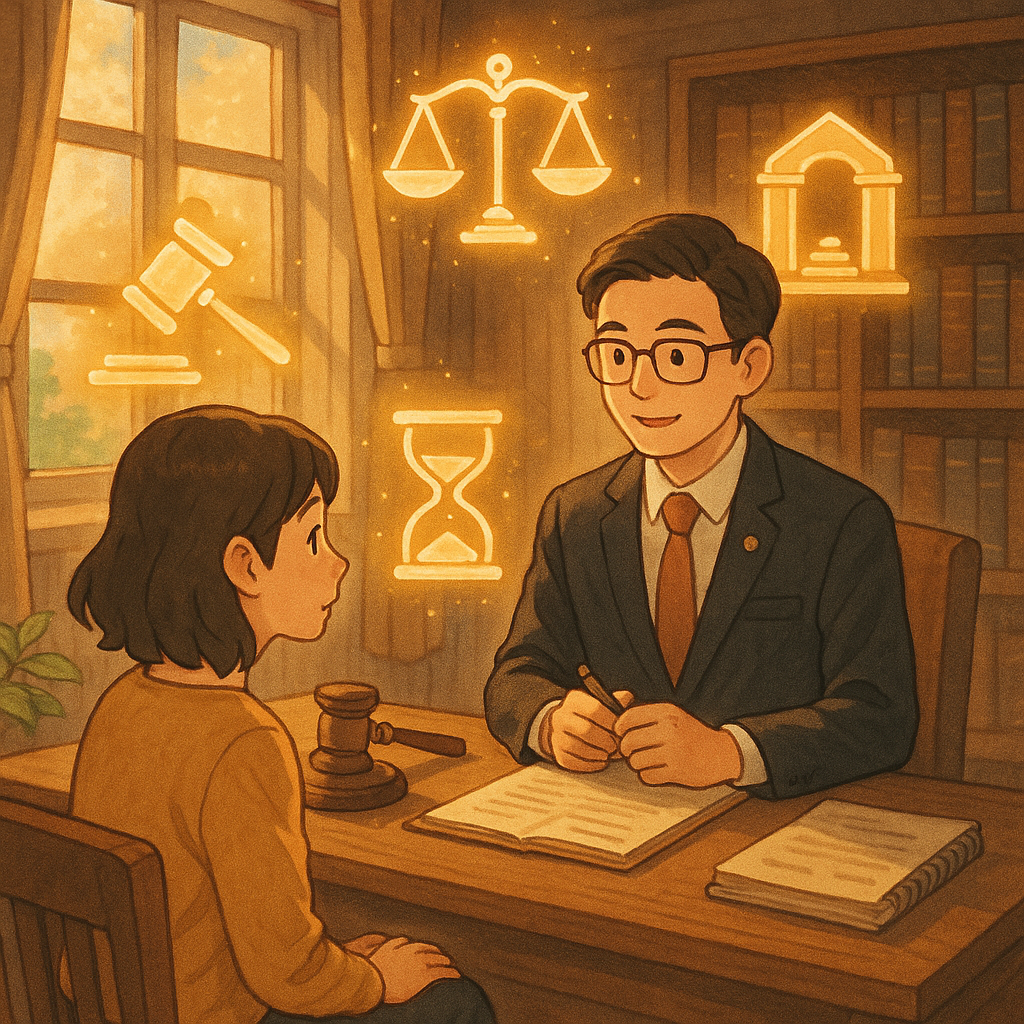 溫暖奇幻的手繪日系動畫風高解析插畫：台灣律師與當事人於木質辦公室諮詢，窗光柔和。法槌、天秤、法院拱門與沙漏化作發光圖示環繞，卷宗化為齒輪推動流程，指引通往執行事件訴訟結論與建議之路。