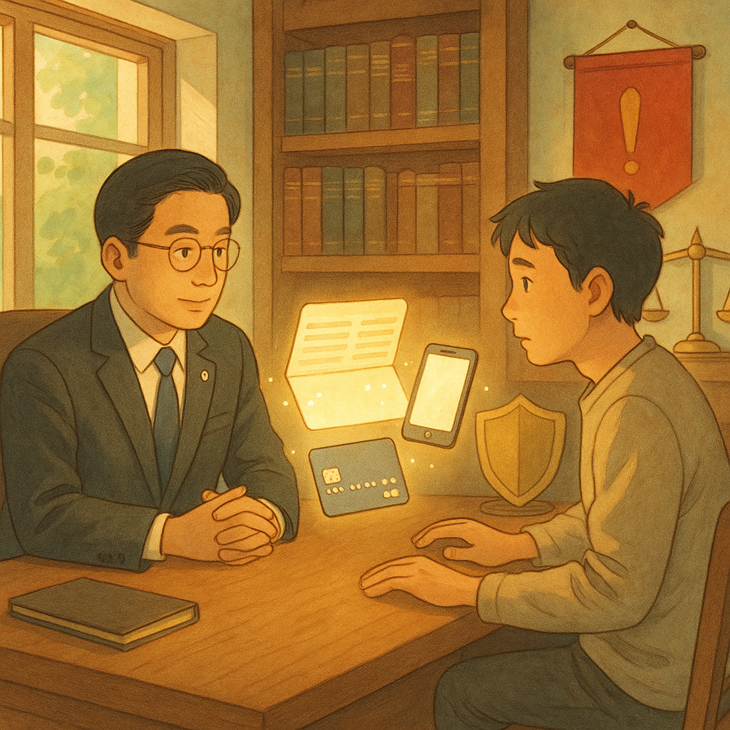 溫暖木質法律諮詢室，台灣律師與民眾對坐，桌上漂浮發光的存摺、手機與銀行卡，旁邊有盾牌、天秤與紅旗象徵警示帳戶；柔和色彩與自然光、手繪質感，奇幻靜謐如吉卜力電影。