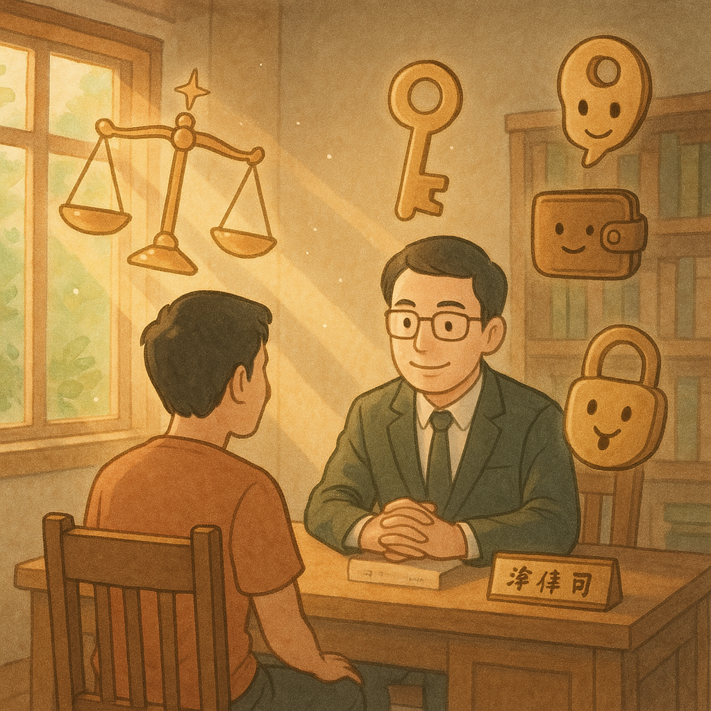 溫柔手繪動畫風場景：日光灑入木質事務所，台灣人律師與民眾對座諮詢；周遭漂浮天秤、鑰匙、錢包與門鎖精靈，象徵竊盜與正義，柔色光影營造溫暖奇幻感。