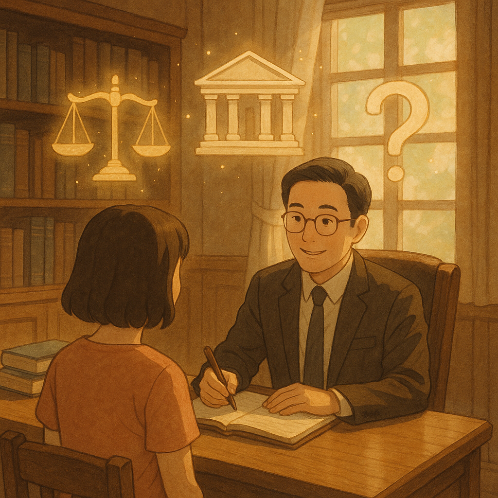 吉卜力風高解析溫暖場景：台灣律師在木質辦公室諮詢民眾，表情專業且溫和，柔光灑落。半透明天平、法院建築與問號形圖案在空中緩緩漂浮，伴隨魔法光點，象徵國賠與常見問題。手繪質感、自然色調、無文字。