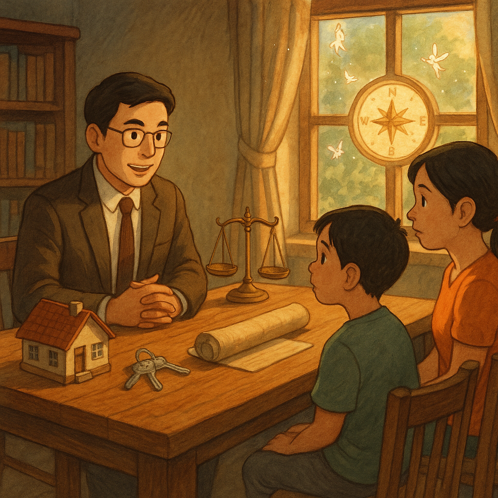 電影感的溫暖自然光手繪動畫場景中，一位台灣律師與台灣家庭在木桌前諮詢；桌上有房屋模型、鑰匙、契約卷軸與天秤，窗外指引的羅盤與小精靈飄舞，象徵所有權結論與建議；寫實與奇幻，高解析手繪質感、無文字。