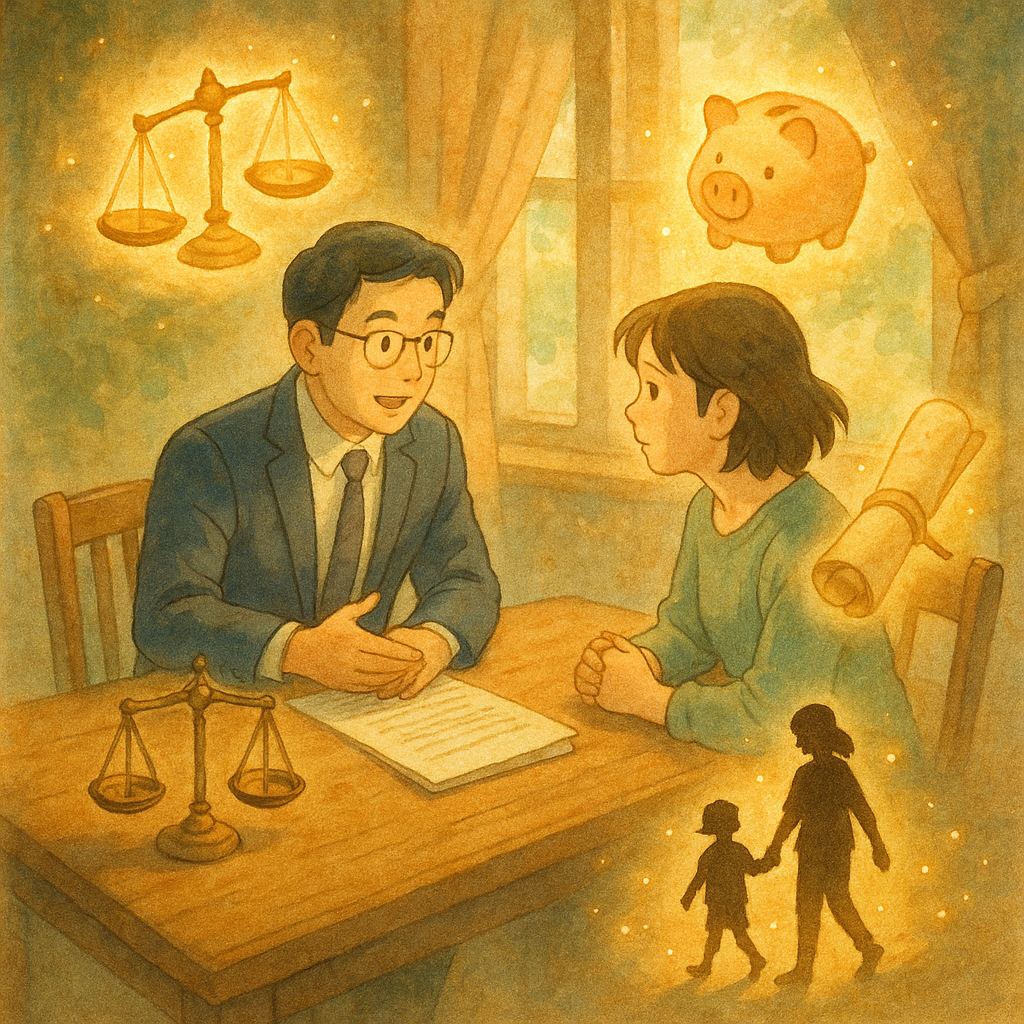 溫柔自然光下,台灣律師與單親家長在木桌旁諮詢;天平、存錢罐與合約卷軸化作漂浮光影環繞,孩童剪影牽手前行,象徵撫養費結論與建議,吉卜力風格手繪質感,無文字。
