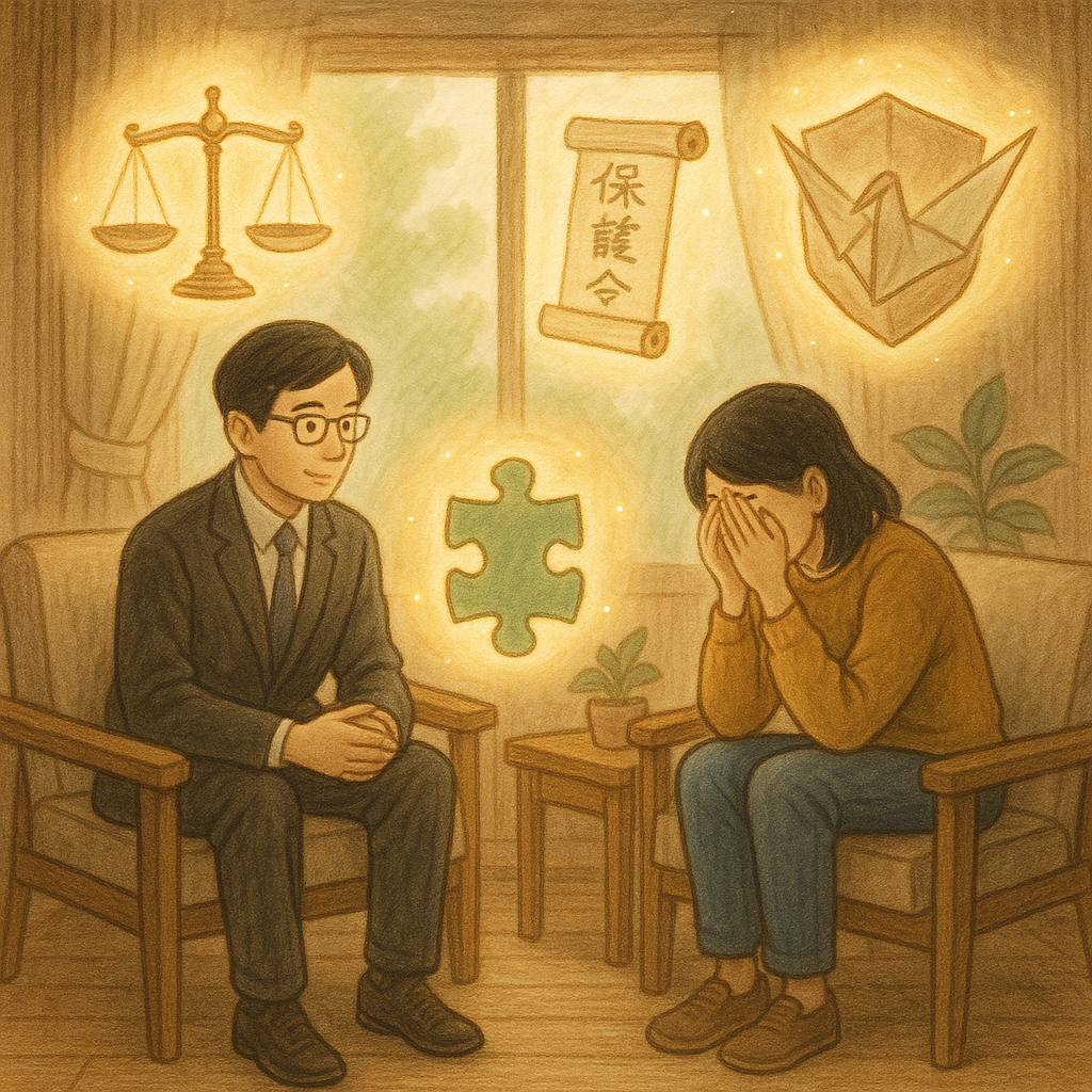 柔光灑落的諮商室內，台灣律師溫和陪伴受暴者；窗邊漂浮發光天秤、保護令卷軸、拼圖與紙鶴化作護盾，手繪木質紋理、自然色調，吉卜力式溫暖奇幻、沉靜而有希望。