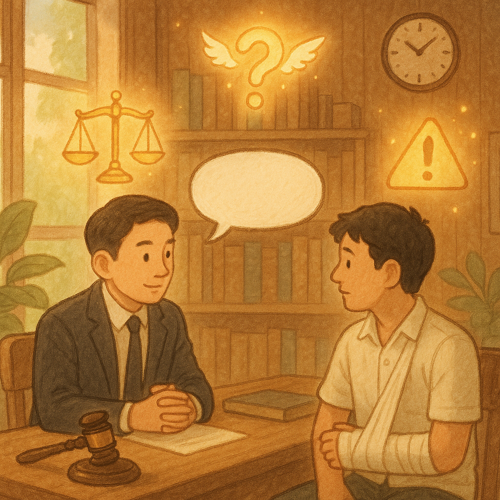 柔和自然光下的木質事務所裡,台灣律師與手臂裹繃帶的市民平和對談;天秤、法槌、路口警示與時鐘化作發光小精靈環繞,無字對話氣泡漂浮,手繪質感、溫暖童話與電影感;表現過失傷害與FAQ諮詢。