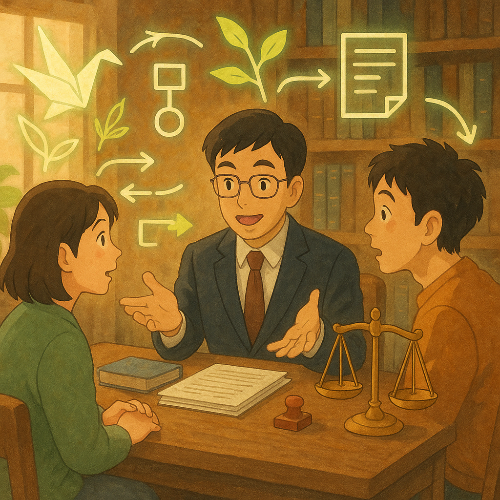 溫暖柔光的吉卜力風格場景:台灣律師與當事人及第三者在木質事務所對談,表情生動,紙鶴與發光葉片化作流程圖符號環繞,天秤、文件、印章與相連箭頭漂浮,手繪質感、自然色調,現實與奇幻平衡,無文字。