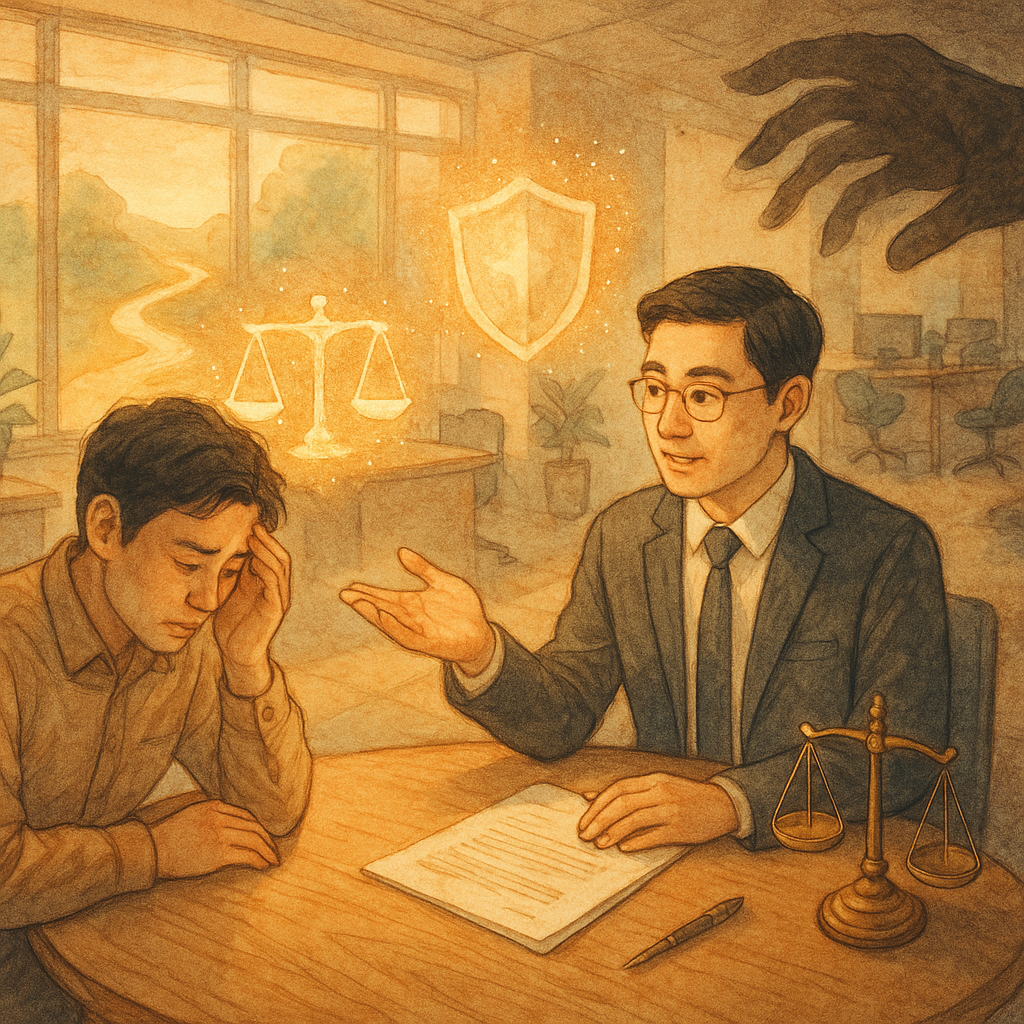柔和晨光下的開放式辦公室，兩位台灣專業人士圓桌諮詢：一人焦慮述說，律師溫和指引。桌上天秤、盾牌與文件化作微光圖像漂浮，角落陰影化為巨手，窗外一條發光小徑引向遠方。溫暖色調、手繪質感與自然光，奇幻而真實。