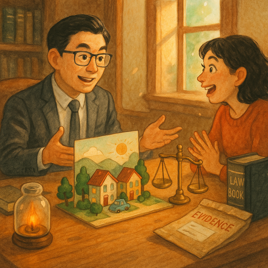 柔和自然光下,台灣律師與當事人、表情豐富,於溫暖木質辦公室對坐諮詢;桌上微縮街區與紙製場景卡映出光影,玻璃燈內被束縛的微火緩跳,旁置法秤、法典與證物袋,手繪質地、童趣電影感,兼具寫實與魔幻,無文字。