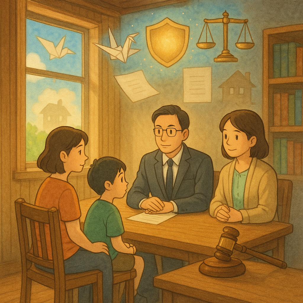 溫暖吉卜力風、手繪質感插畫:台灣母子在木質諮商室,與專業律師、社工對坐。窗外柔光灑入,天上紙鶴與發光盾牌、天平、法槌漂浮,象徵保護與法律援助;無字文書與家屋剪影營造安全感。角落淡霧象徵家暴陰影逐退。