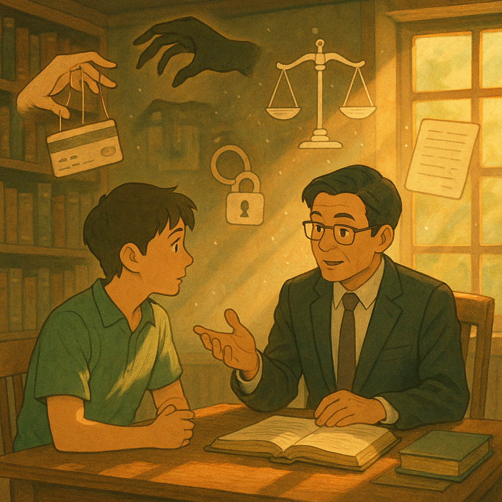 午後自然光灑落,台灣年輕人向台灣律師諮詢;周遭漂浮手繪符號:被絲線操控的銀行卡、幽暗伸出的手、正義天秤、鎖與放大鏡、無字文件;柔色吉卜力風、木質書房與微塵光束,溫暖魔幻。