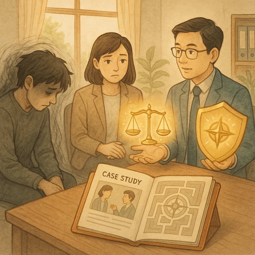 溫暖自然光與柔和色彩下的手繪辦公室裡，表情細膩的台灣專業人士圍坐諮詢：一位受職場霸凌的員工被陰影包圍，顧問以發光的天秤、盾牌與羅盤指引，資料夾化作故事頁與迷宮路徑，象徵案例研究與風險控管。