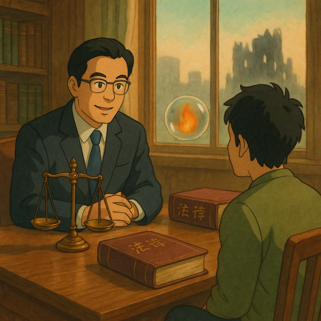 柔和自然光下，台灣律師與民眾在木質事務所溫和諮詢；天平、法典與封存於玻璃球中的微小火焰輕盈漂浮，象徵縱火罪議題。窗外淡化的焦黑建物剪影。吉卜力式手繪質感，魔幻而寫實，無文字。