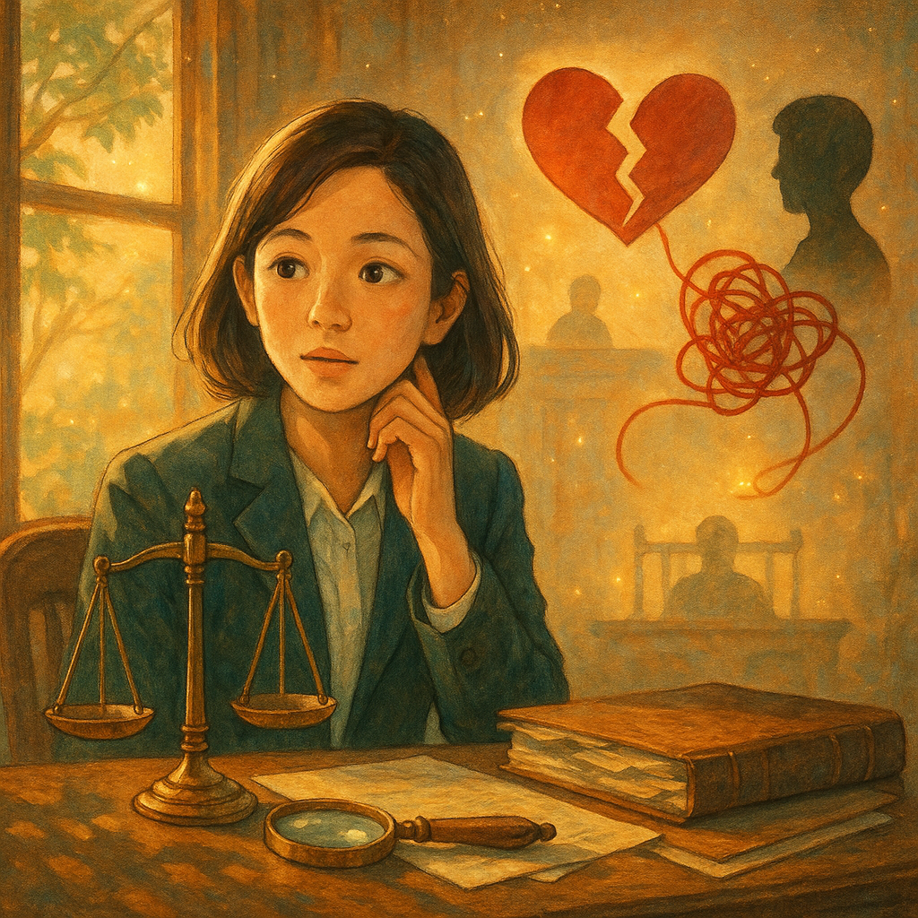 溫暖夕光下的台灣律師事務所裡,一位台灣女律師聆聽;桌上擺著天秤、放大鏡與案件卷宗,旁邊漂浮紙剪成裂心、第三人剪影與紅線纏結;樹影搖曳,若隱若現的法庭剪影,微光環繞,手繪質感、寫實又魔幻的吉卜力風。