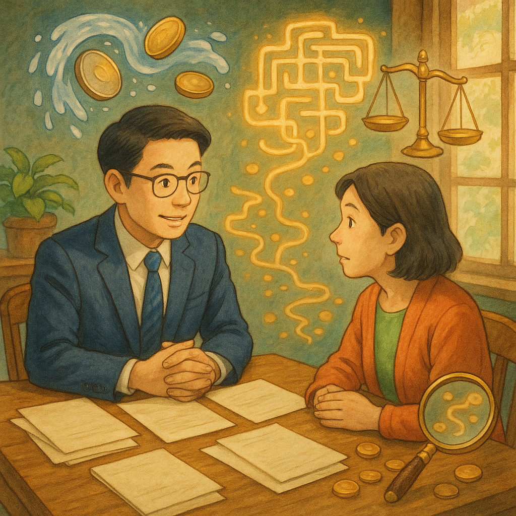 吉卜力風高解析插畫:溫暖自然光下,台灣人律師與當事人於木桌諮詢,桌面散落無字卷宗。周圍漂浮象徵洗錢罪的意象:被清水沖刷由黯到亮的硬幣、迷宮般資金流光、天平與放大鏡。柔和筆觸、手繪質感,奇幻卻專業。