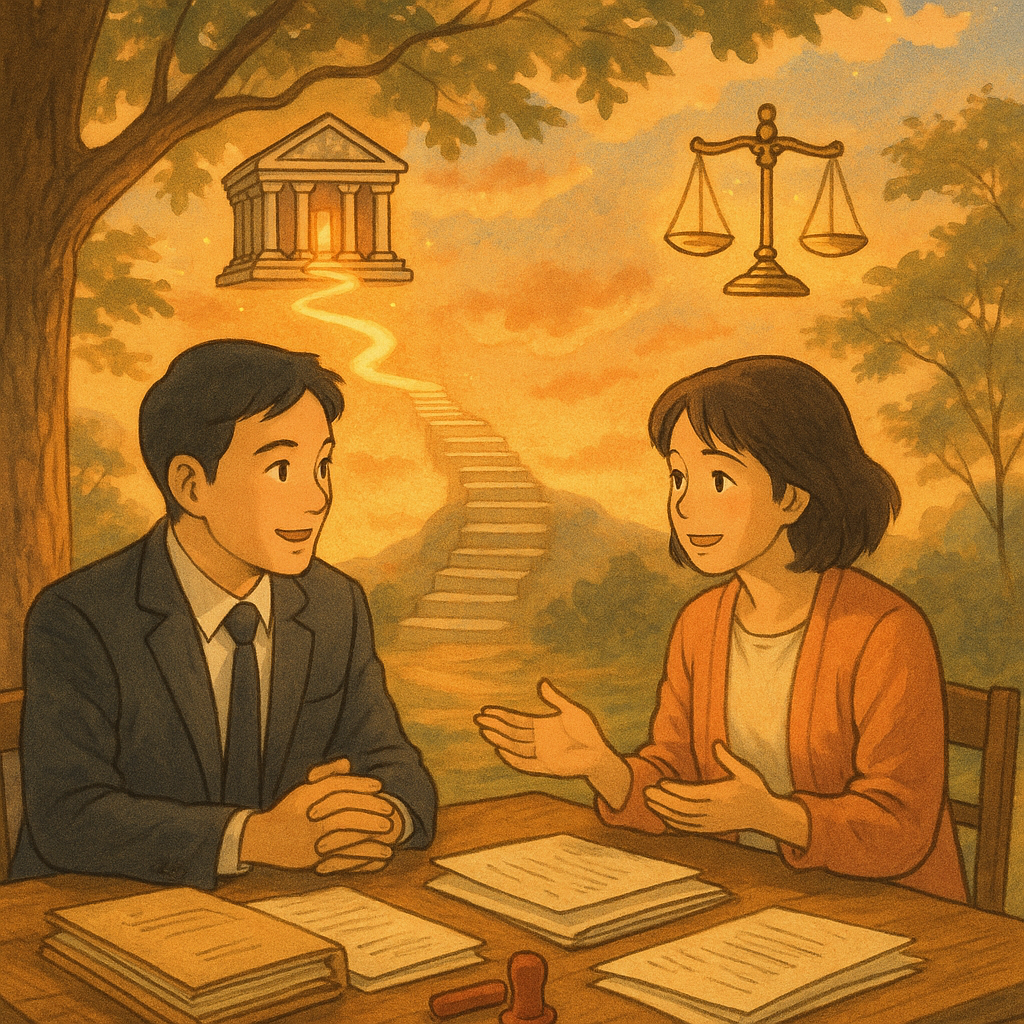 暖色黃昏下的溫柔場景:兩位台灣人—律師與當事人—在木桌邊交流,桌上散落卷宗與印章。迷你法院與天秤在空中旋轉,發光小徑連接多層階梯,象徵抗告途徑。手繪質感、自然光與微風中的樹影營造吉卜力式魔幻。