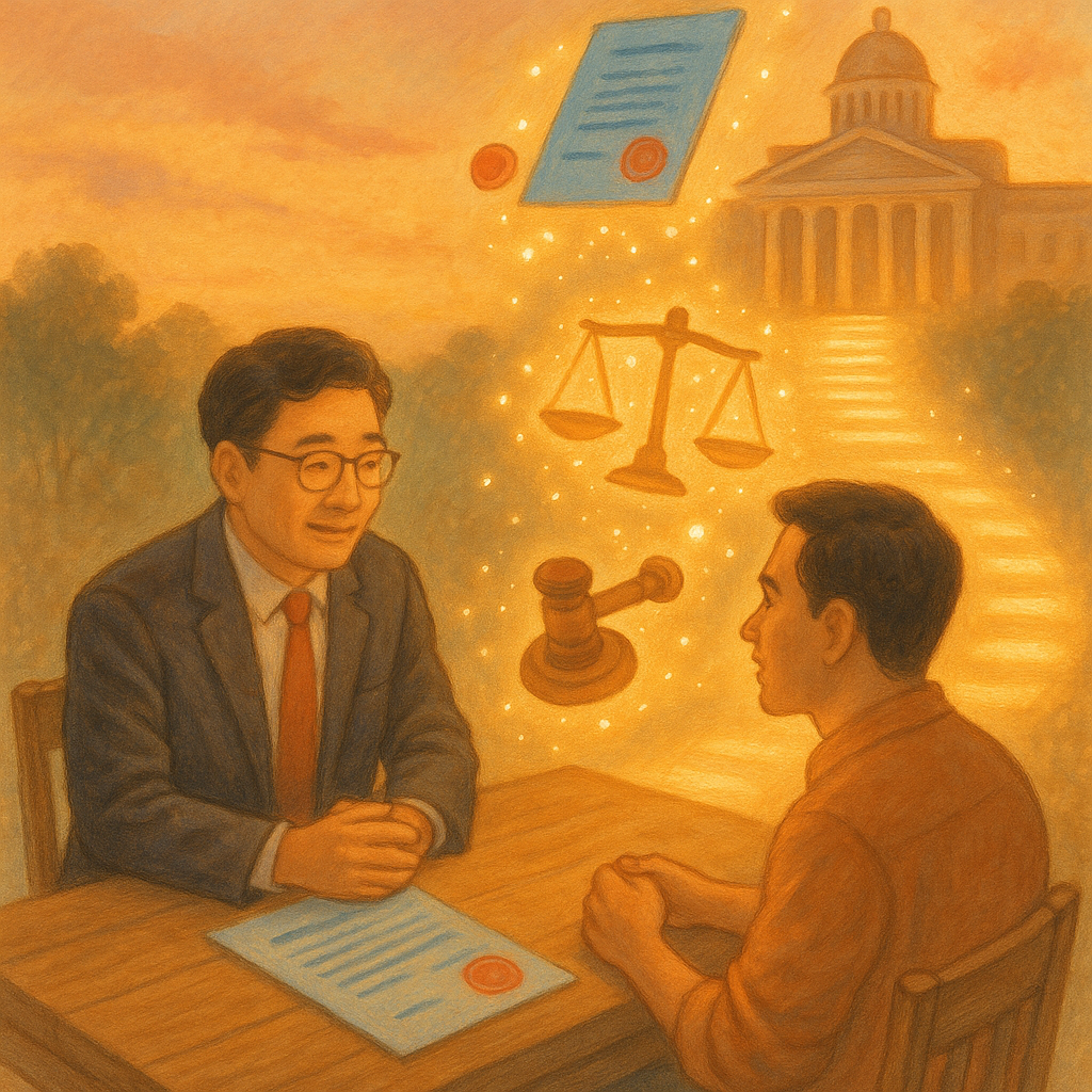 溫暖黃昏下，台灣律師與民眾在木桌前相談，海藍公文與紅色章印化作漂浮光粒，環繞天平與法槌圖像，延伸成通往政府大樓的光之階梯；柔和色調、自然光與手繪質感營造希望，象徵訴願結論與實務建議的路徑。畫面無文字。