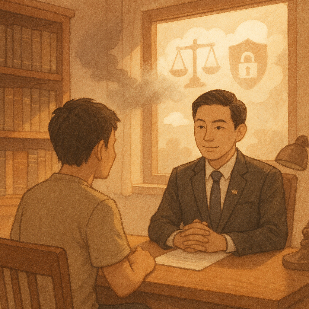 暖色木質事務所內，台灣律師與民眾對坐諮詢；窗邊陰影化作煙霧散去，象徵化解恐嚇；天光柔和，手繪質感中浮現天秤、盾牌與鎖的光影，無字對話雲輕飄。