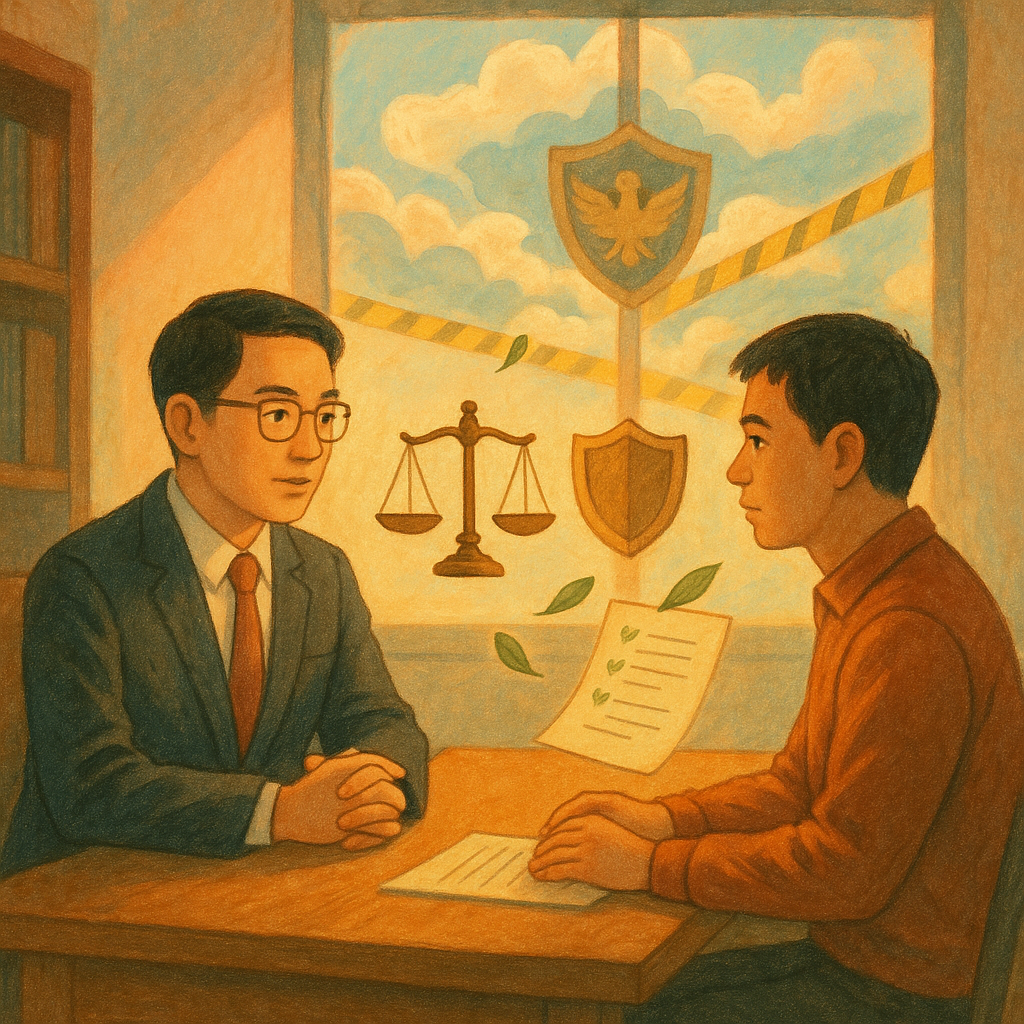 以柔和色彩、手繪質感、電影感與奇幻,溫暖光線下的法律諮詢室,台灣人律師與民眾沉穩對談;窗外雲層化作警徽與警戒線幻影,桌上天秤、盾牌與清單葉片漂浮,象徵妨害公務案例研究與風險控管。