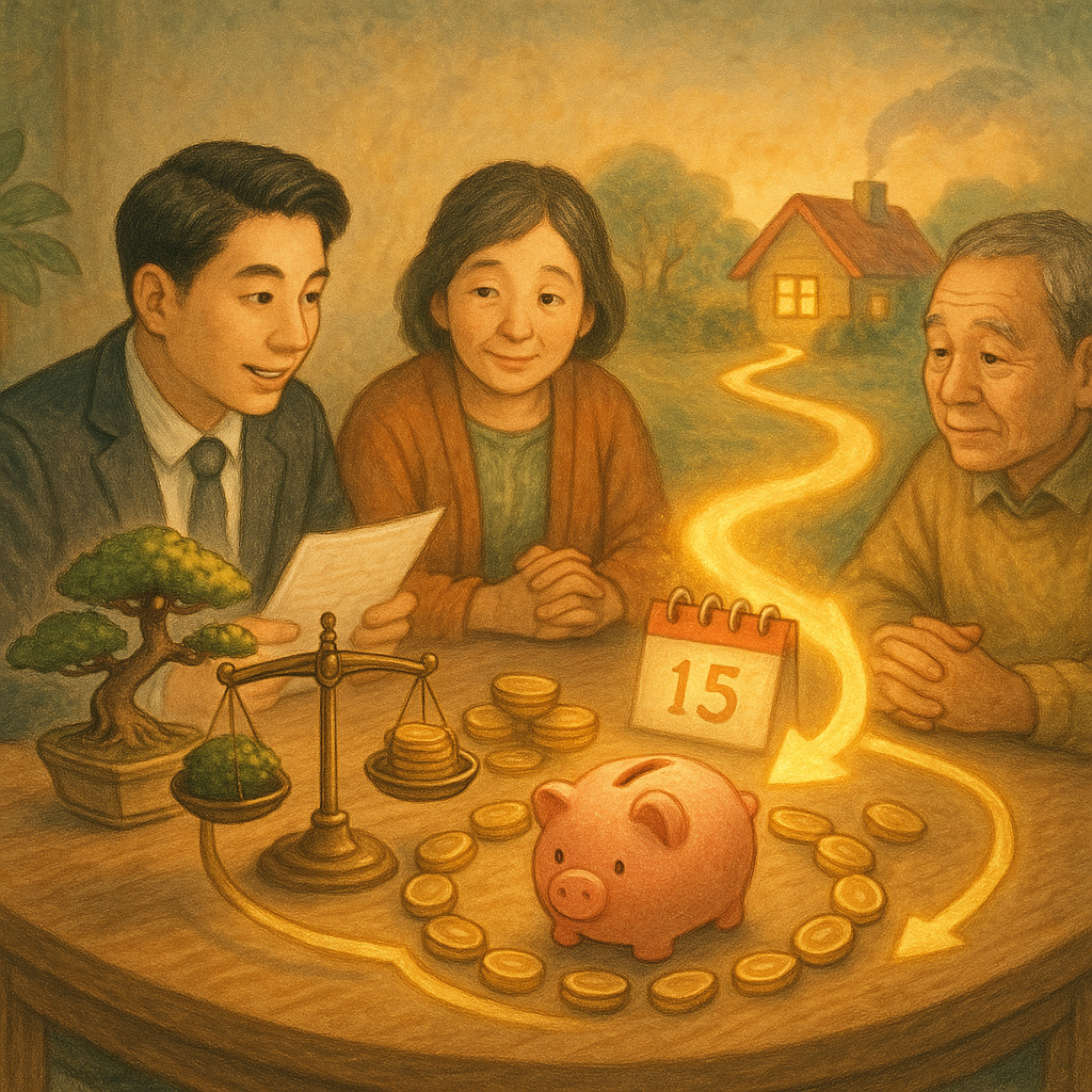 柔光下，台灣律師與父母圍桌商談撫養費；盆景化作天平，硬幣化為護圈流入存錢豬，發光的日曆與指引箭頭延伸成道路通往溫暖小屋；高解析手繪質感、無文字、奇幻而溫馨、吉卜力式細膩鏡頭感。