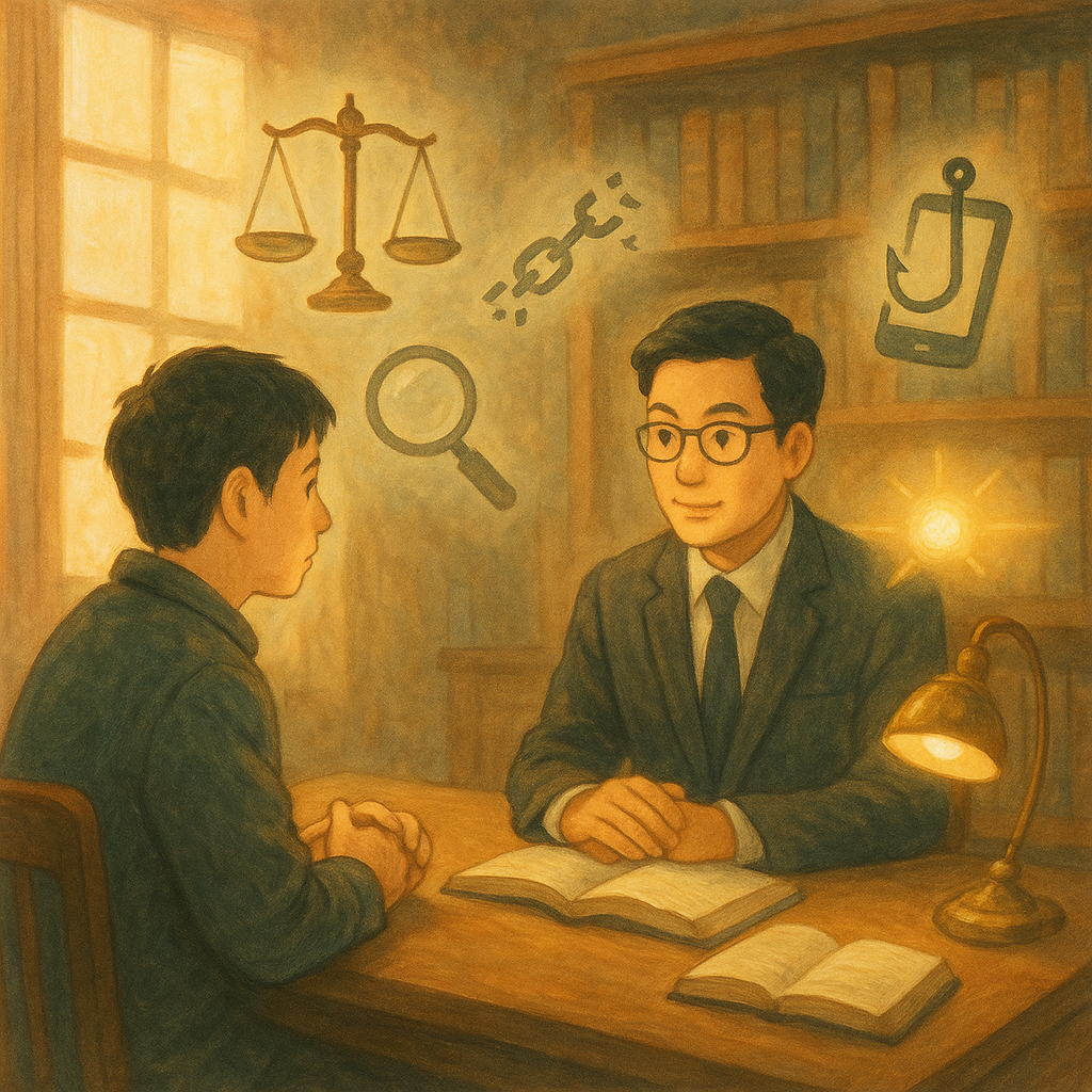 暖陽灑入木質律所，台灣人律師與當事人沉穩諮詢；吉卜力般手繪質感與柔和色調中，天秤、放大鏡、破碎鎖鏈與手機魚鉤化作漂浮符號；發光的指南燈指向遠方，象徵結論與行動建議。畫面無文字。