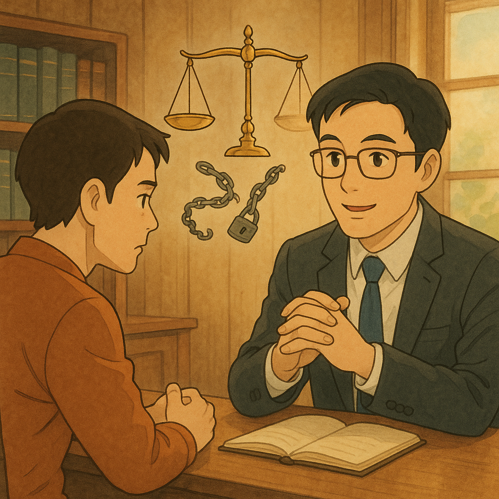 吉卜力般溫暖手繪風:台灣人律師在柔光木質事務所,與當事人表情細膩諮詢;象徵正義的天平與解開的鎖鏈在空中輕盈漂浮,暗示強制罪之終結與結論成形,無文字。