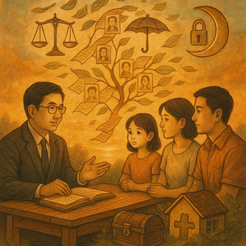 暖金色夕光下，台灣律師與家族在木桌旁諮詢；案例卷宗化作飄舞樹葉連成家譜，天際浮現天秤、保險傘與鎖形月亮，拼圖屋與寶箱象徵遺產與風險控管，高解析手繪質感、柔和色調、魔幻寫實、吉卜力氛圍。
