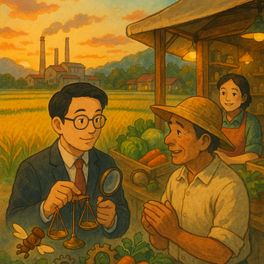 吉卜力風格高畫質插畫：夕光下的稻田、工廠與市集連成一景，一位台灣律師與農民、店家相談，手持天秤與放大鏡。法槌化成小精靈在作物與齒輪間穿梭，無文字標示，溫暖柔光與手繪質感，寓意妨害農工商的諮詢與解惑。