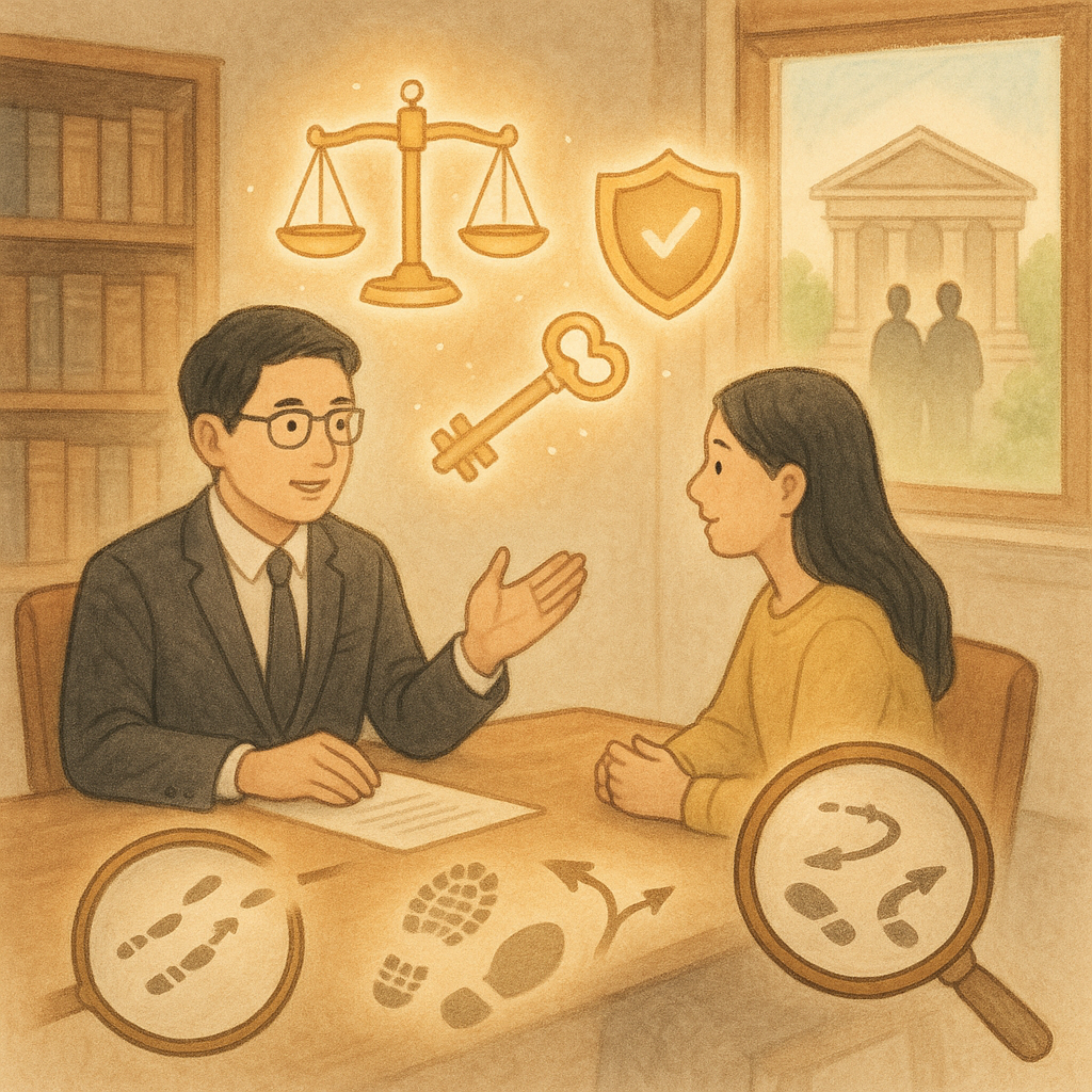 溫暖木質律所內，一位台灣律師與台灣民眾對談，窗外自然光灑入；桌上漂浮的發光天平、盾牌與鑰匙圖像，放大鏡照著並行與分岔的足跡，遠處法院與雙人剪影；手繪質感與柔和色彩營造奇幻而專業的常見問題氛圍，無文字。