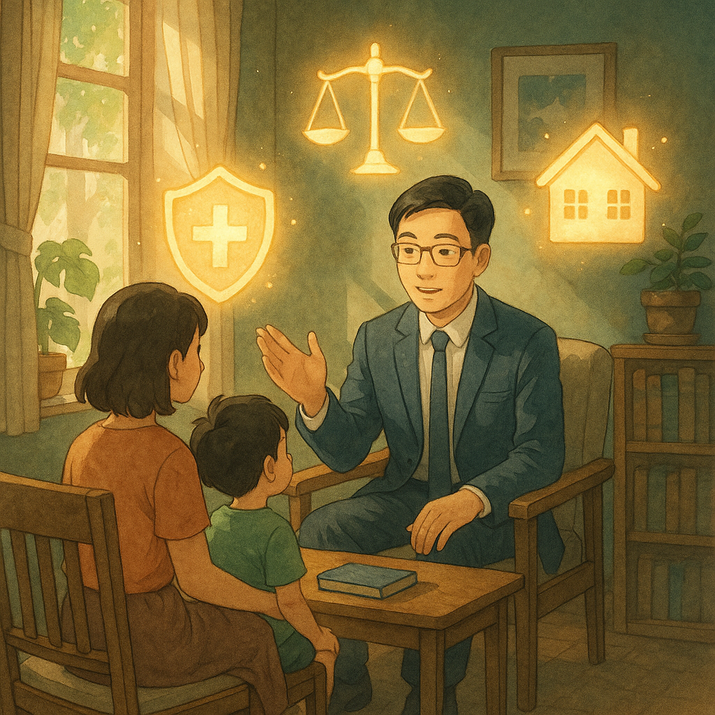 柔光灑入的吉卜力電影感諮商室裡,台灣人律師溫柔指引一位母子;發光的盾牌、天平、家屋與日曆圖示如精靈環繞,象徵保護令與常見疑問;細膩高解析手繪質感、柔色與自然光營造溫暖奇幻,畫面無文字。