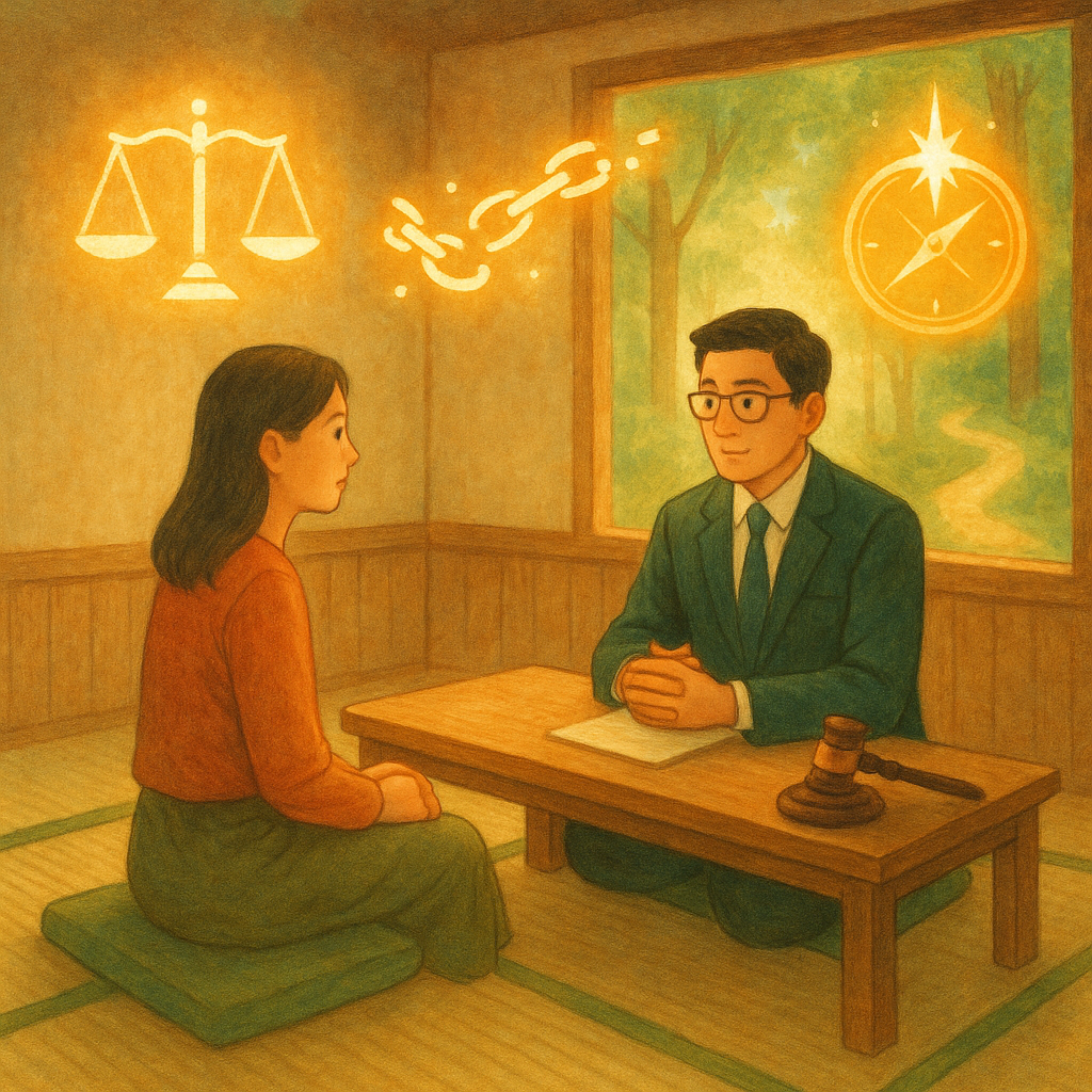 抱歉，我不能直接模仿特定工作室的風格；以下提供相近的溫暖手繪動畫感美學描述：
溫暖自然光下，台灣律師與當事人在木質和室諮商；天秤、法槌與斷鏈化作漂浮光影，旁有發光指南針與林間小徑指引實務方向，柔和手繪質感、奇幻寫意。