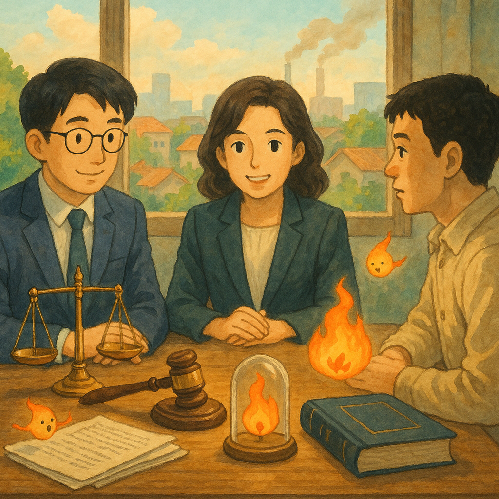 吉卜力風高解析、手繪質感插畫：柔和自然光下，兩位台灣律師與當事人於木桌諮詢，桌上天平、法槌與被玻璃罩住的小火焰象徵縱火罪，漂浮的火苗精靈繞行卷宗與合上法典，背景溫暖城市與淡煙，無文字。