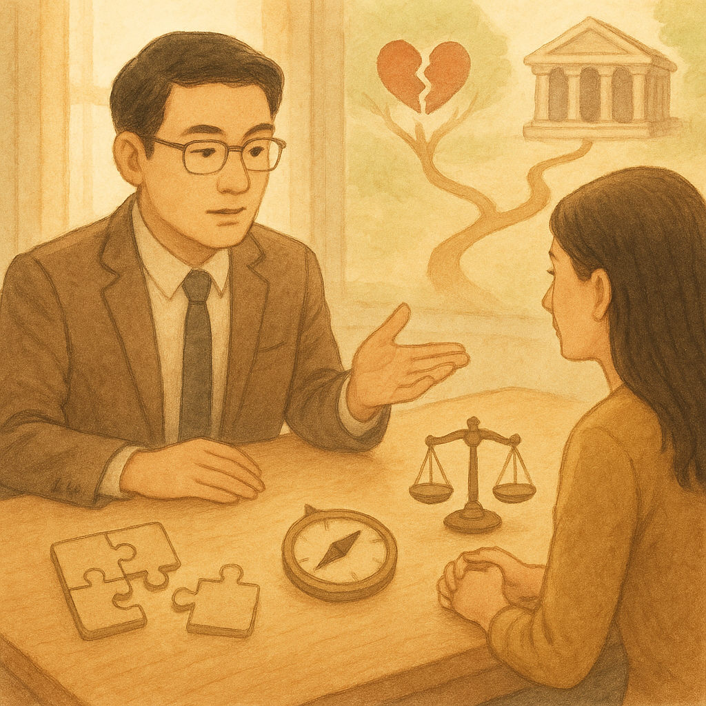 溫暖自然光中,一位台灣律師與當事人於木質書桌相談,桌上漂浮無文字的決策表拼圖、勝算羅盤與天秤。裂心圖標與法院建築化作枝狀路徑通往不同結局。柔和手繪質感,寓意婚外情訴訟的策略評估,畫面無文字。