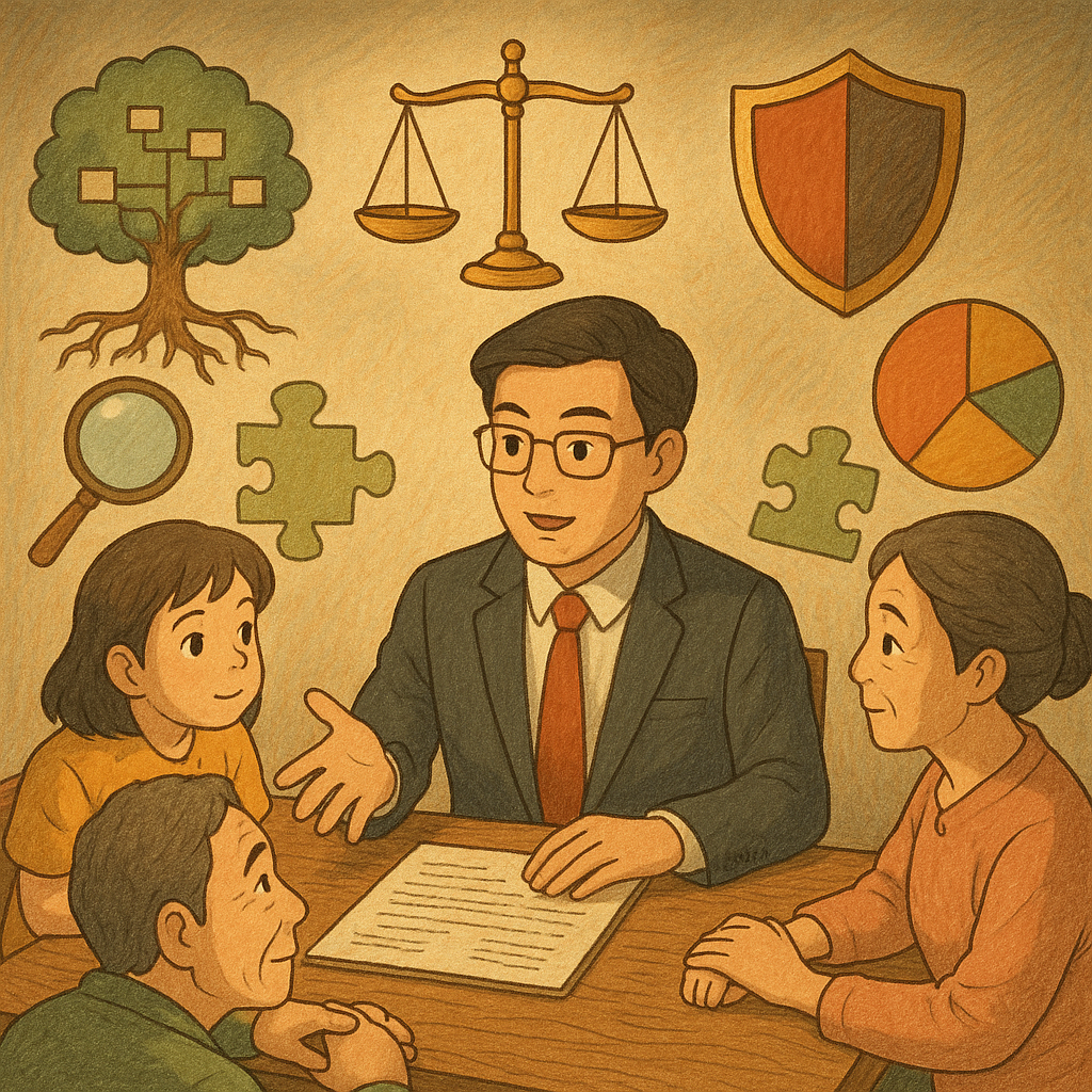 自然暖光的吉卜力風場景:台灣人律師與家屬在木桌前討論,周圍漂浮天秤、家族樹、拼圖與餅圖遺產切片,放大鏡掘出根部、盾牌象徵風險控管;手繪紋理細節豐富、柔色無文字,魔幻而專業。