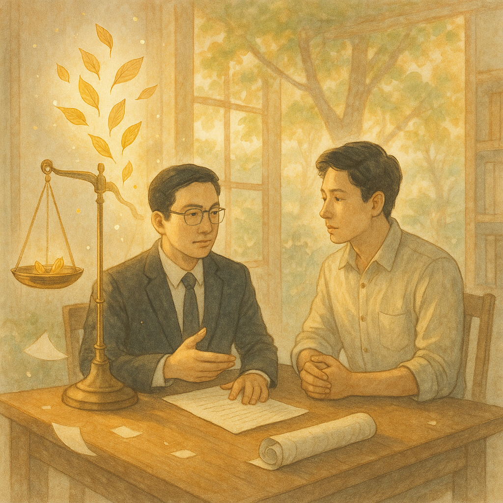 柔和晨光中,兩位台灣法律人於木桌諮商;金葉自傾斜天秤逆流回盤,象徵不當得利返還。高解析手繪質感與淡色調,契約卷與光粒輕漂,庭院書房樹影搖曳,溫暖奇幻、沉浸無文字。