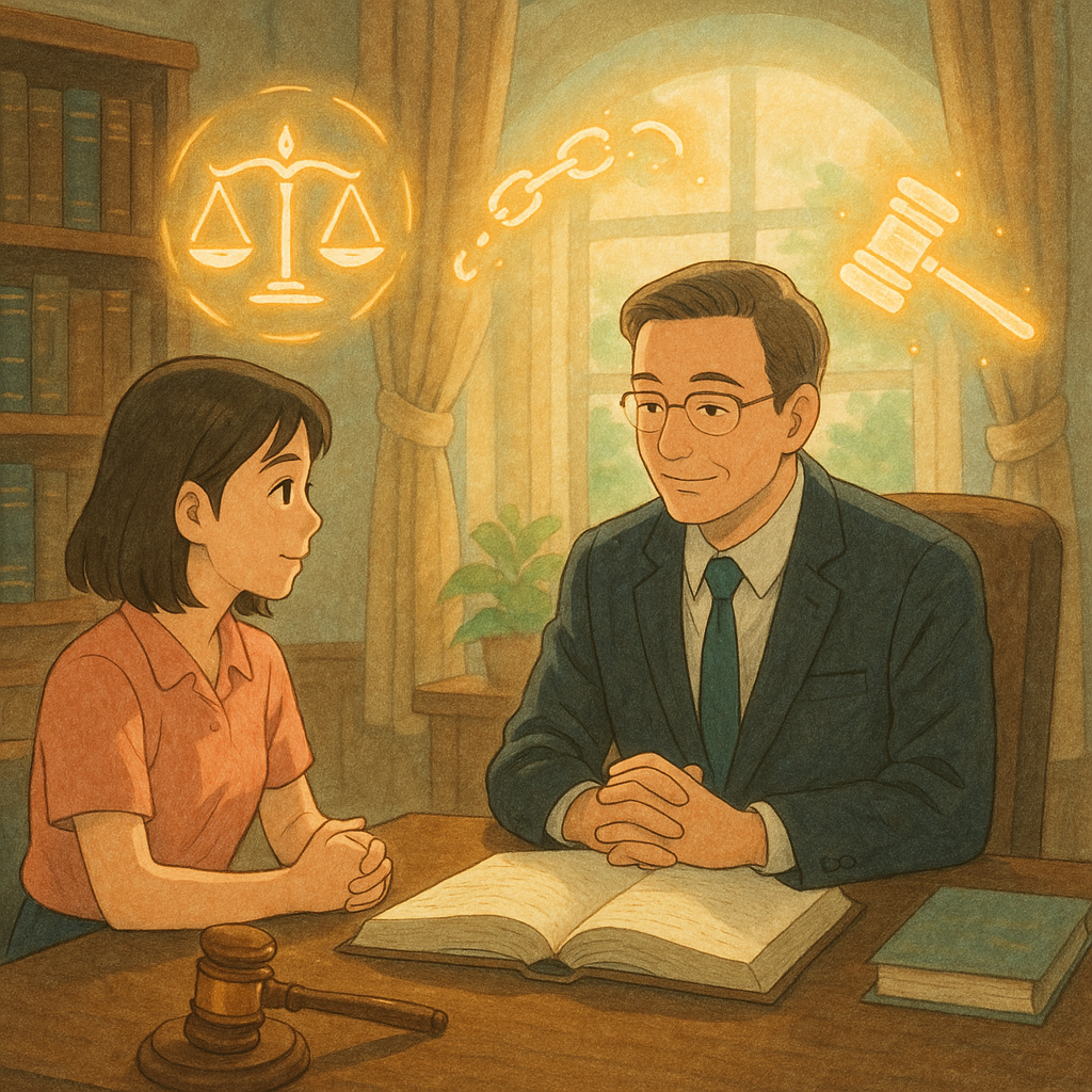 吉卜力風溫暖畫面:台灣女子與表情溫和的律師在柔光事務所諮詢,天秤與法槌、破鏈化作漂浮光符環繞,守護光罩自窗灑落,手繪紋理細膩,氛圍療癒而莊重,無文字。