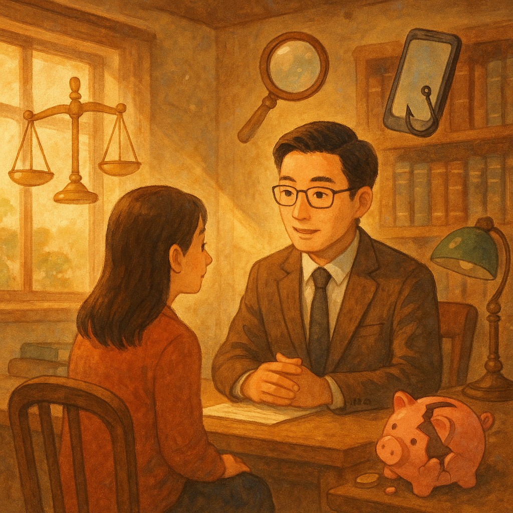 溫暖奇幻的日系手繪風場景:台灣人律師與當事人於木質事務所對談,柔光灑入;周圍漂浮天秤、放大鏡、釣鉤手機與破裂撲滿等象徵詐欺罪線索,現實與魔幻交織,畫面無文字。