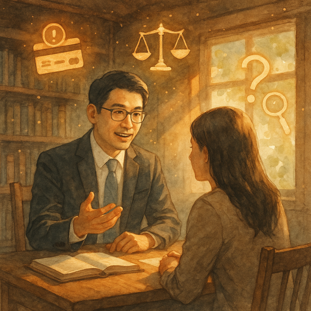 溫暖晨光下,台灣律師與民眾在木質小書屋諮詢,周圍漂浮微光粒子的手繪圖示:標示警示帳戶的銀行卡、天秤與盾牌、問號與放大鏡;柔和水彩與自然光、電影感構圖營造奇幻而專業的FAQ氛圍,畫面不含文字。