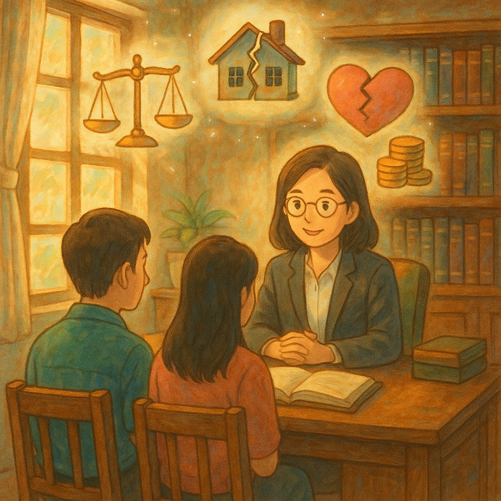 溫暖木質律師事務所內，一位台灣律師溫柔諮詢一對夫妻；窗光灑落，空中漂浮手繪天秤、裂開的小屋、拼合的心與金幣，象徵家庭破裂與賠償。柔和色彩、吉卜力風手感與魔幻微光。