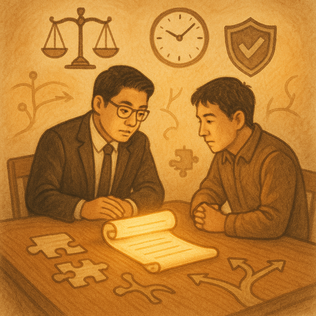 柔和暖光與淺景深中，台灣律師與當事人表情專注圍坐木桌，手繪質感中浮現天秤、時鐘與盾牌；卷宗化作發光卷軸，拼圖與分岔小徑環繞，暗示認罪協商的爭點與風險取捨。